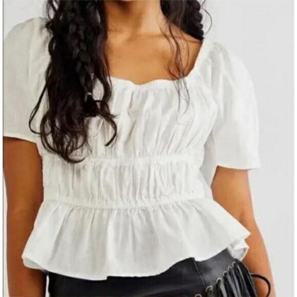 Free People Tops - Free People Phoebe Smocked Puff Sleeves Lace Up Open Back Size L